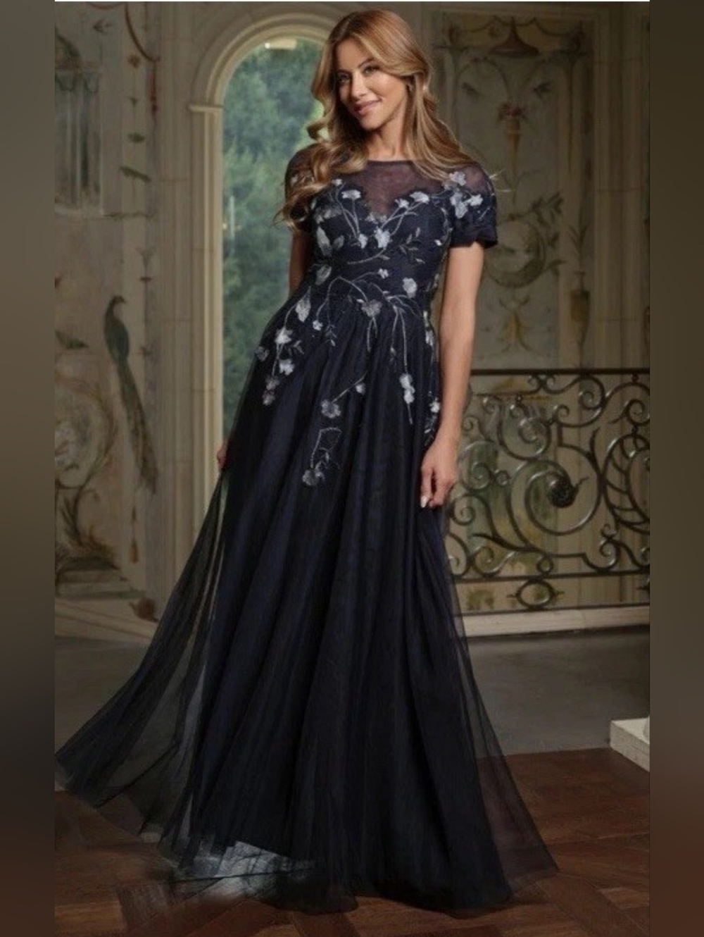 Embroidered Sequin Floral Bodice Mesh Gown
Betsy & Adam.